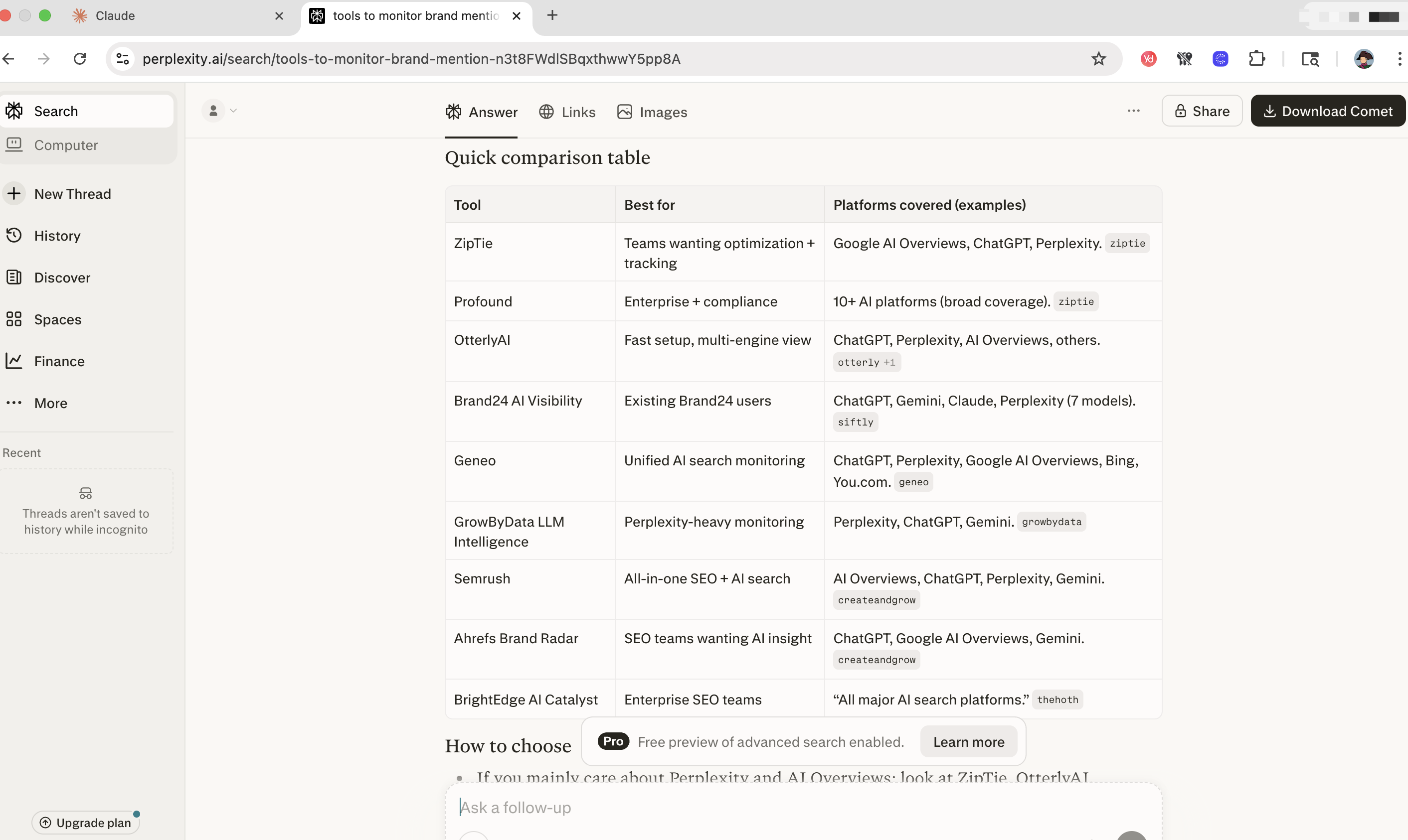 Perplexity response to brand monitoring query — Citany not mentioned